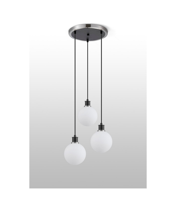 Placid 38cm Round Pendant 3 Light E14 15cm Round Glass Shade Satin Nickel Opal & Satin Black-7