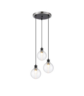 Placid 38cm Round Pendant 3 Light E14 15cm Round Ribbed Glass Shade Satin Nickel Clear & Satin Black-1
