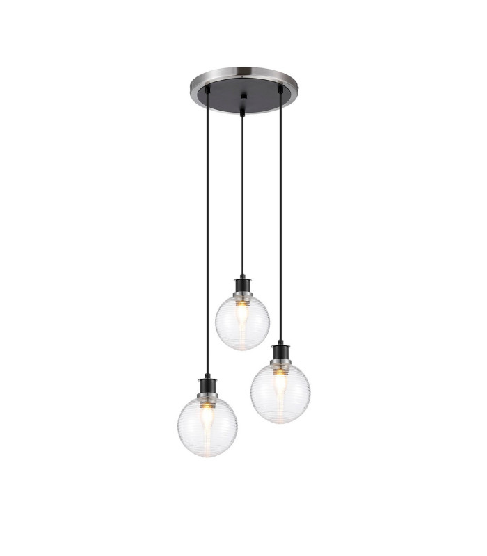 Placid 38cm Round Pendant 3 Light E14 15cm Round Ribbed Glass Shade Satin Nickel Clear & Satin Black-1