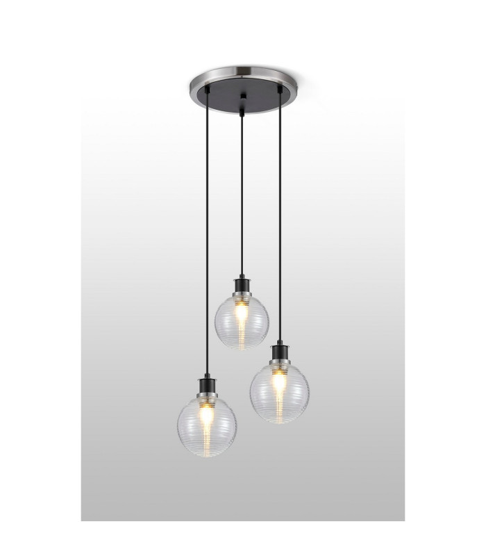 Placid 38cm Round Pendant 3 Light E14 15cm Round Ribbed Glass Shade Satin Nickel Clear & Satin Black-3