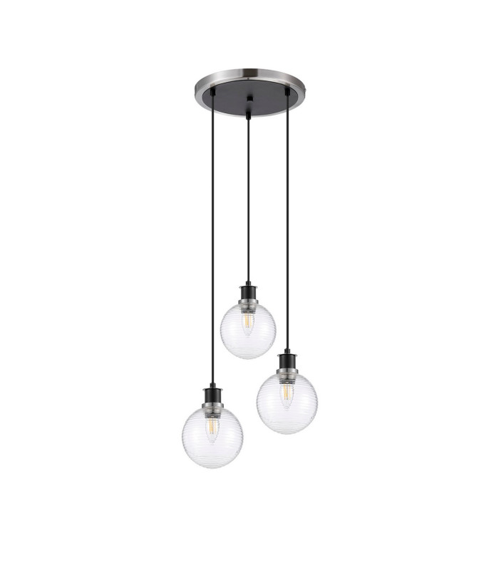 Placid 38cm Round Pendant 3 Light E14 15cm Round Ribbed Glass Shade Satin Nickel Clear & Satin Black-4