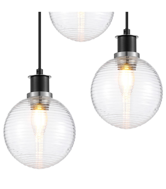 Placid 38cm Round Pendant 3 Light E14 15cm Round Ribbed Glass Shade Satin Nickel Clear & Satin Black-6