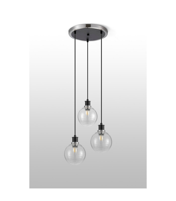 Placid 38cm Round Pendant 3 Light E14 15cm Round Ribbed Glass Shade Satin Nickel Clear & Satin Black-7