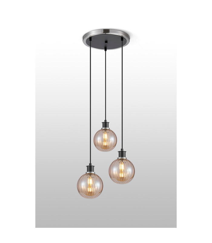 Placid 38cm Round Pendant 3 Light E14 15cm Round Segment Glass Shade Satin Nickel Amber Plated & Satin Black-3