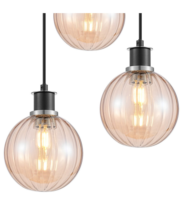 Placid 38cm Round Pendant 3 Light E14 15cm Round Segment Glass Shade Satin Nickel Amber Plated & Satin Black-6