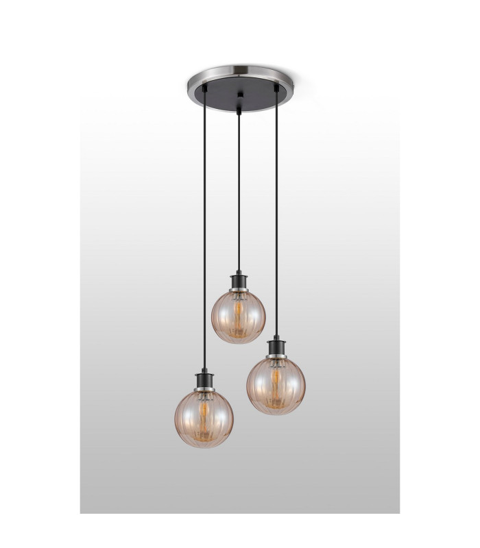 Placid 38cm Round Pendant 3 Light E14 15cm Round Segment Glass Shade Satin Nickel Amber Plated & Satin Black-7