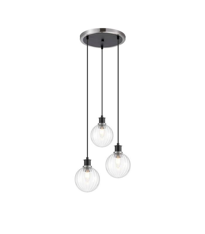 Placid 38cm Round Pendant 3 Light E14 15cm Round Segment Glass Shade Satin Nickel Clear & Satin Black-1