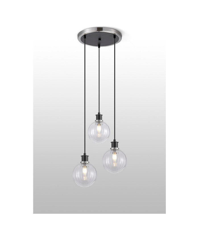 Placid 38cm Round Pendant 3 Light E14 15cm Round Segment Glass Shade Satin Nickel Clear & Satin Black-3