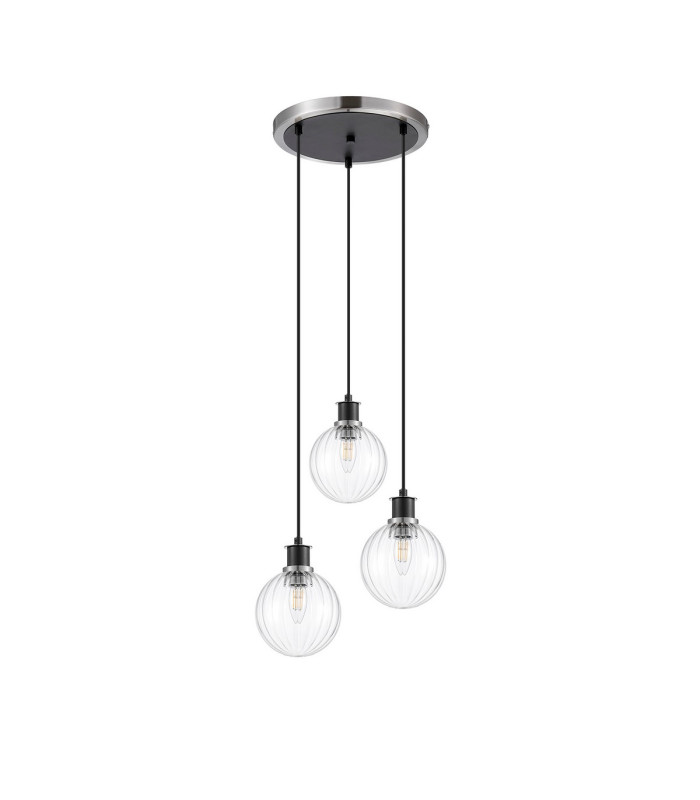 Placid 38cm Round Pendant 3 Light E14 15cm Round Segment Glass Shade Satin Nickel Clear & Satin Black-4