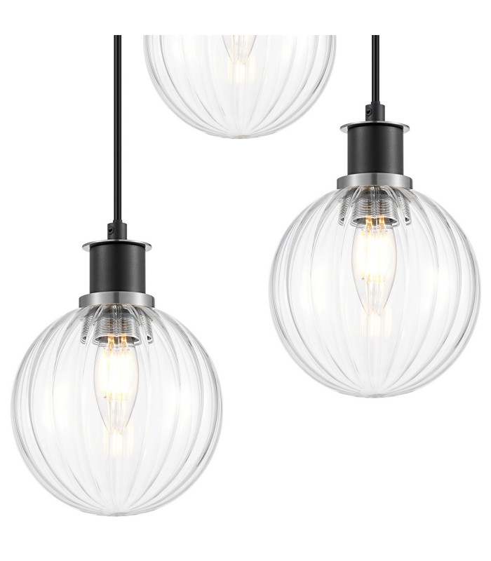 Placid 38cm Round Pendant 3 Light E14 15cm Round Segment Glass Shade Satin Nickel Clear & Satin Black-6