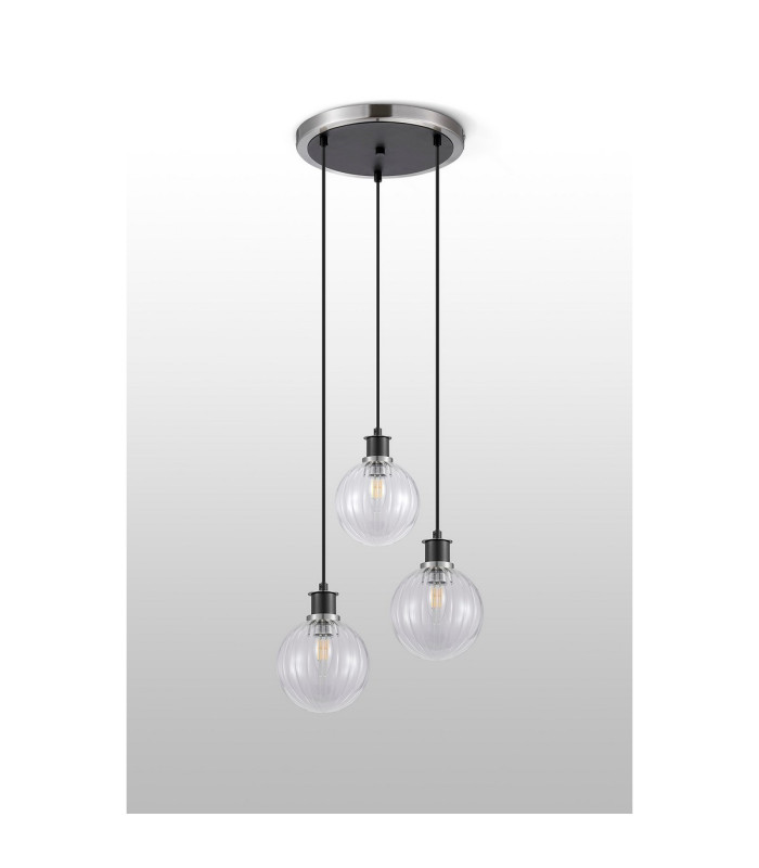 Placid 38cm Round Pendant 3 Light E14 15cm Round Segment Glass Shade Satin Nickel Clear & Satin Black-7