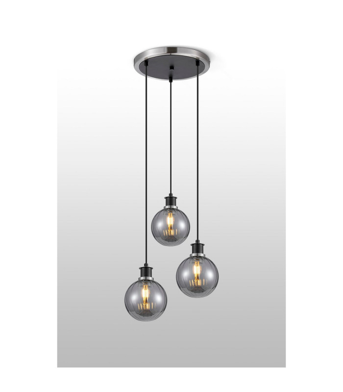 Placid 38cm Round Pendant 3 Light E14 15cm Round Segment Glass Shade Satin Nickel Smoke Plated & Satin Black-3