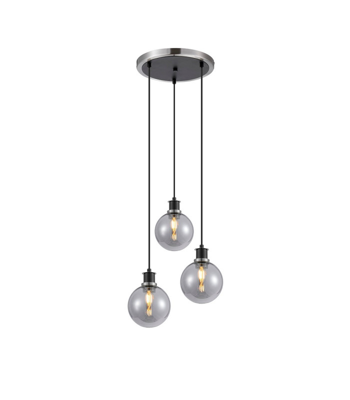 Placid 38cm Round Pendant 3 Light E14 15cm Round Glass Shade Satin Nickel Smoke Plated & Satin Black-1