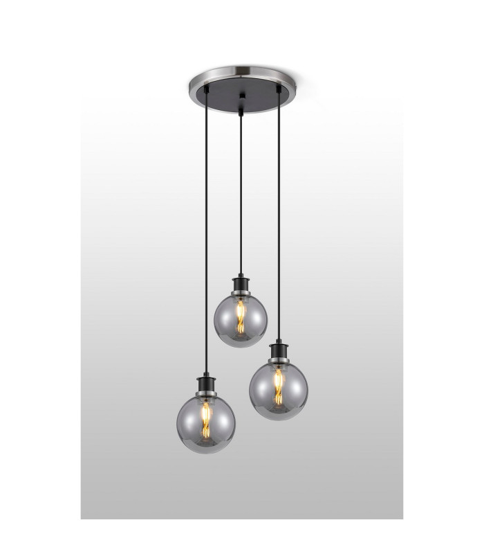 Placid 38cm Round Pendant 3 Light E14 15cm Round Glass Shade Satin Nickel Smoke Plated & Satin Black-3