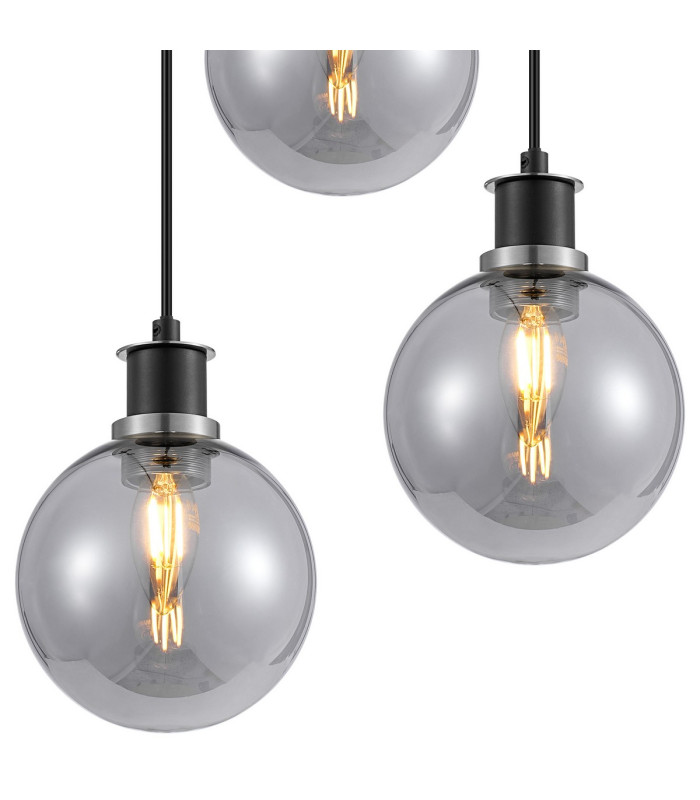 Placid 38cm Round Pendant 3 Light E14 15cm Round Glass Shade Satin Nickel Smoke Plated & Satin Black-6