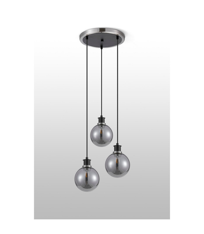 Placid 38cm Round Pendant 3 Light E14 15cm Round Glass Shade Satin Nickel Smoke Plated & Satin Black-7