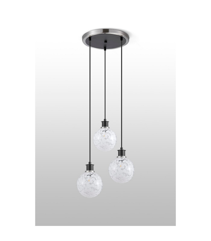Placid 38cm Round Pendant 3 Light E14 15cm Round Speckled Glass Shade Satin Nickel White & Satin Black-7