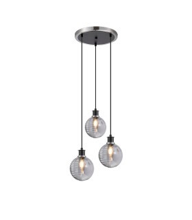Placid 38cm Round Pendant 3x E14 15cm Round Textured Smooth / Ribbed Glass Shade Satin Nickel Smoke Plated & Satin Black-1