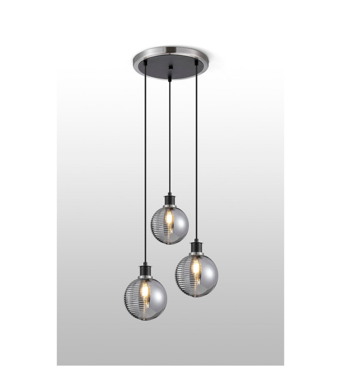 Placid 38cm Round Pendant 3x E14 15cm Round Textured Smooth / Ribbed Glass Shade Satin Nickel Smoke Plated & Satin Black-3