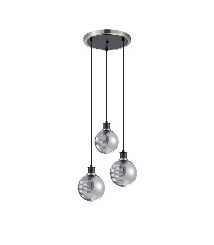 Placid 38cm Round Pendant 3x E14 15cm Round Textured Smooth / Ribbed Glass Shade Satin Nickel Smoke Plated & Satin Black-4