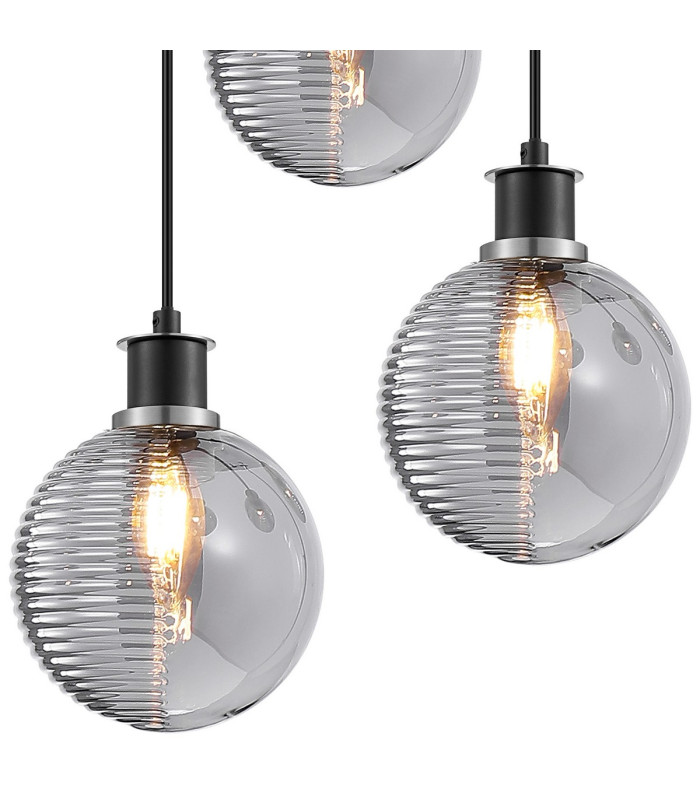 Placid 38cm Round Pendant 3x E14 15cm Round Textured Smooth / Ribbed Glass Shade Satin Nickel Smoke Plated & Satin Black-6
