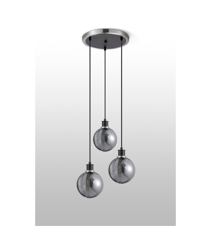 Placid 38cm Round Pendant 3x E14 15cm Round Textured Smooth / Ribbed Glass Shade Satin Nickel Smoke Plated & Satin Black-7