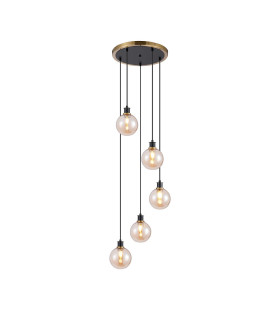Placid 48cm Round Pendant 5 Light E14 15cm Round Glass Shade Brass Amber Plated & Satin Black-1