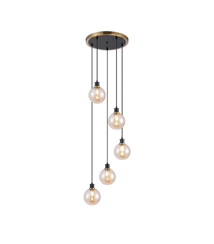 Placid 48cm Round Pendant 5 Light E14 15cm Round Glass Shade Brass Amber Plated & Satin Black-1
