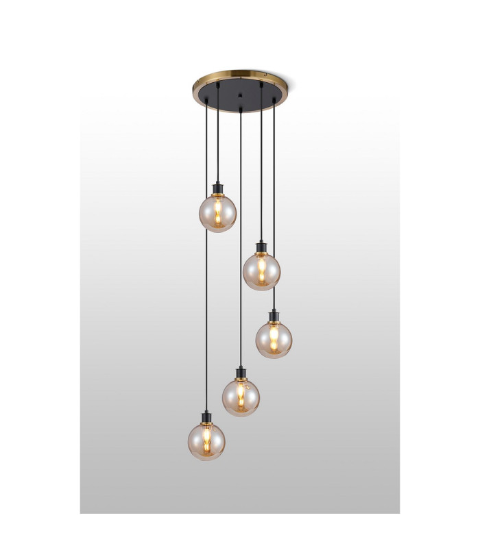 Placid 48cm Round Pendant 5 Light E14 15cm Round Glass Shade Brass Amber Plated & Satin Black-3