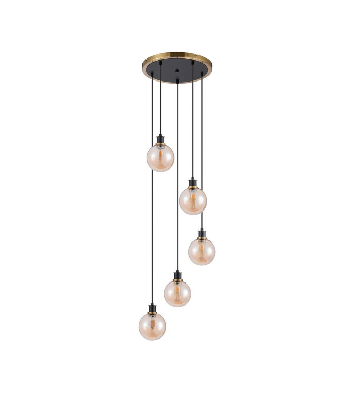 Placid 48cm Round Pendant 5 Light E14 15cm Round Glass Shade Brass Amber Plated & Satin Black-4