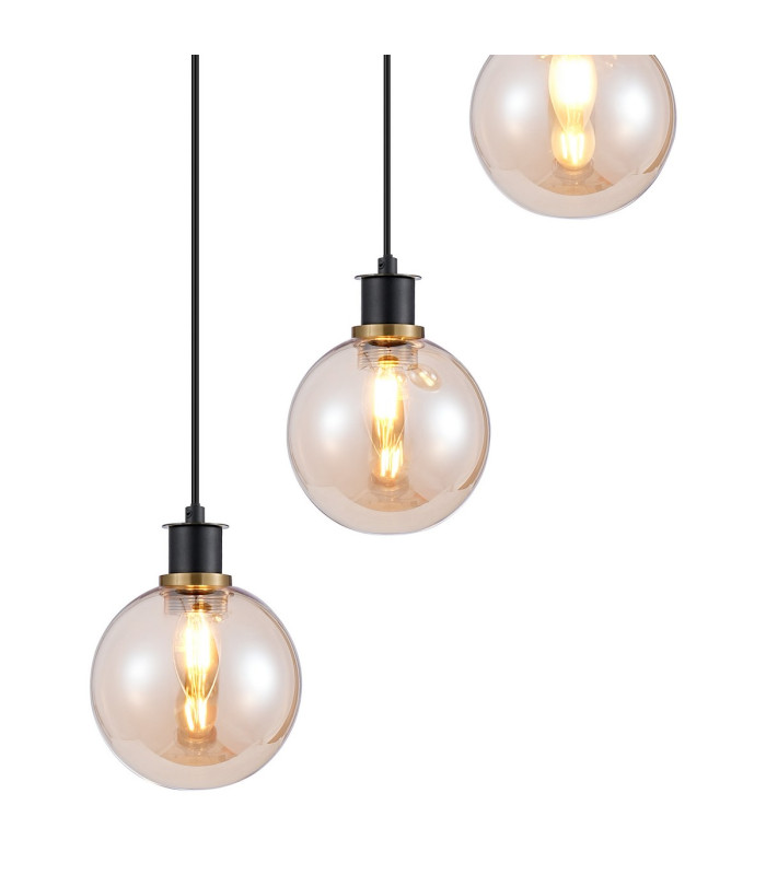 Placid 48cm Round Pendant 5 Light E14 15cm Round Glass Shade Brass Amber Plated & Satin Black-7