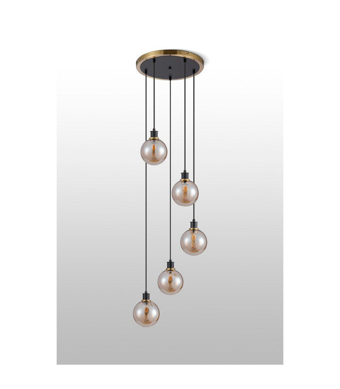 Placid 48cm Round Pendant 5 Light E14 15cm Round Glass Shade Brass Amber Plated & Satin Black-8