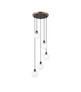 Placid 48cm Round Pendant 5 Light E14 15cm Round Glass Shade Brass Clear & Satin Black-1