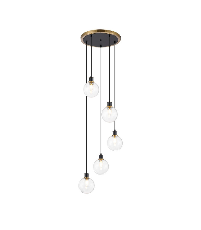 Placid 48cm Round Pendant 5 Light E14 15cm Round Glass Shade Brass Clear & Satin Black-1