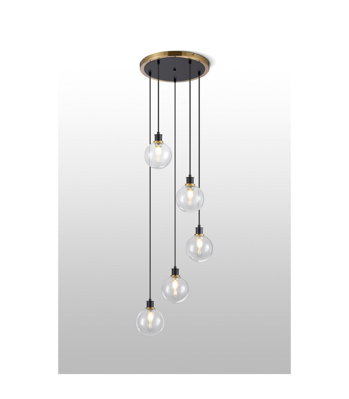 Placid 48cm Round Pendant 5 Light E14 15cm Round Glass Shade Brass Clear & Satin Black-3