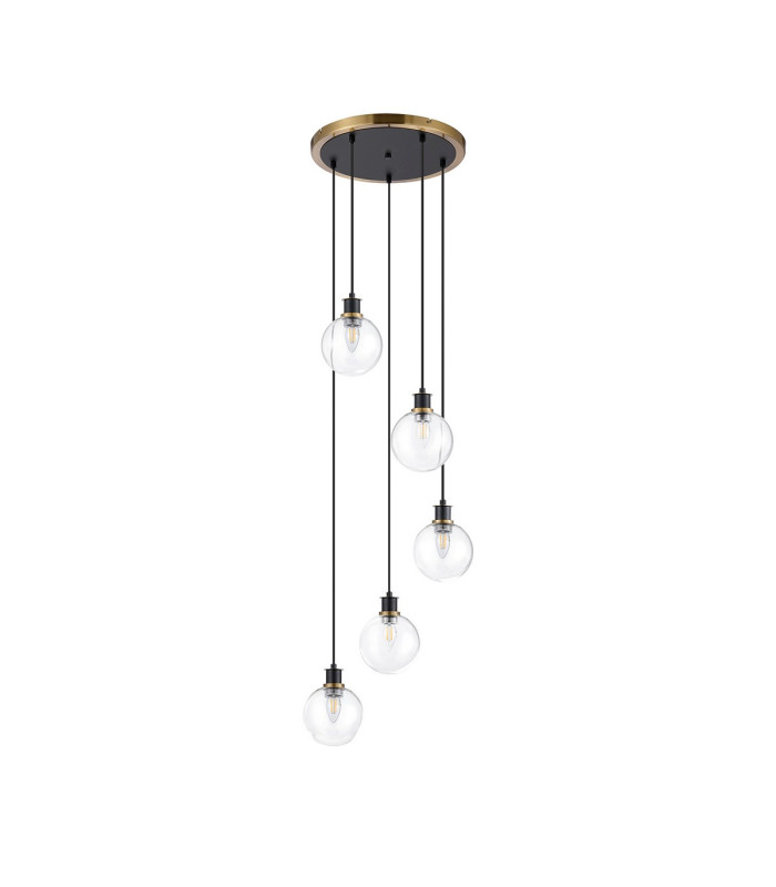 Placid 48cm Round Pendant 5 Light E14 15cm Round Glass Shade Brass Clear & Satin Black-4