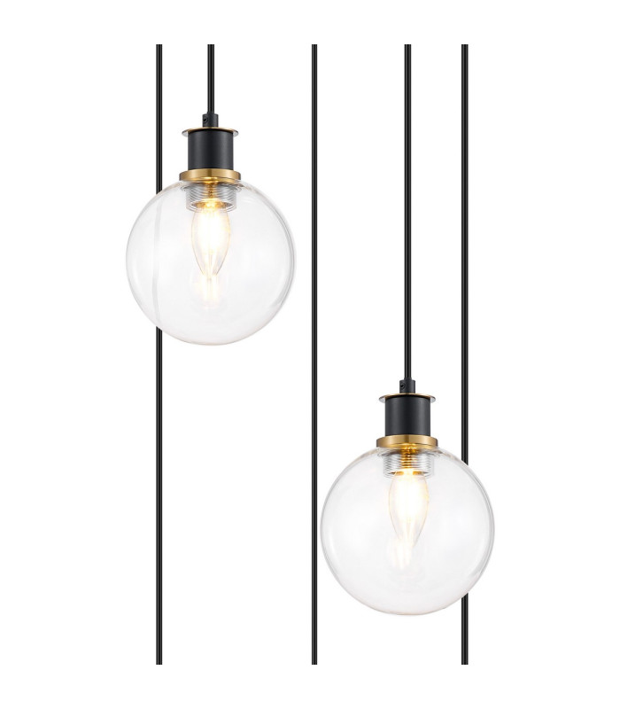 Placid 48cm Round Pendant 5 Light E14 15cm Round Glass Shade Brass Clear & Satin Black-6