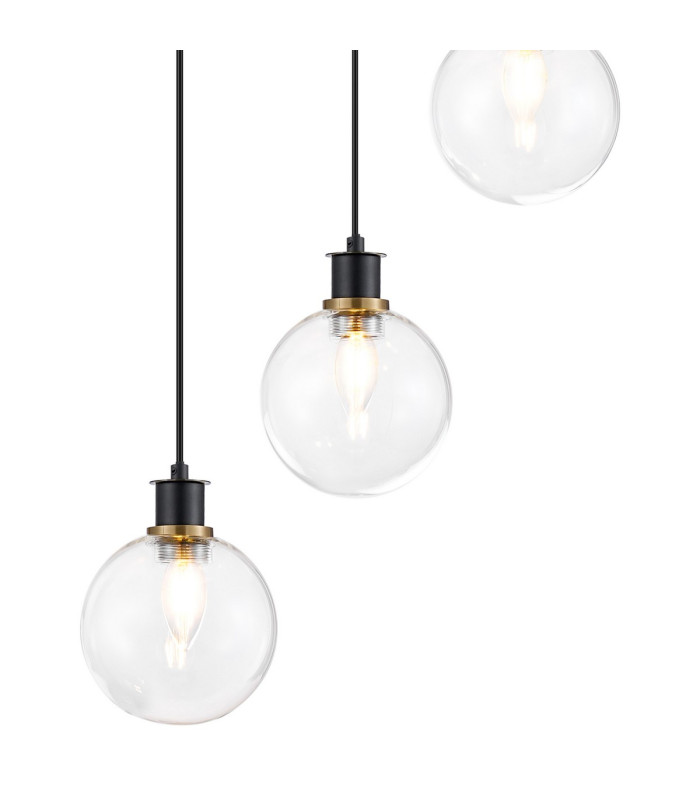 Placid 48cm Round Pendant 5 Light E14 15cm Round Glass Shade Brass Clear & Satin Black-7
