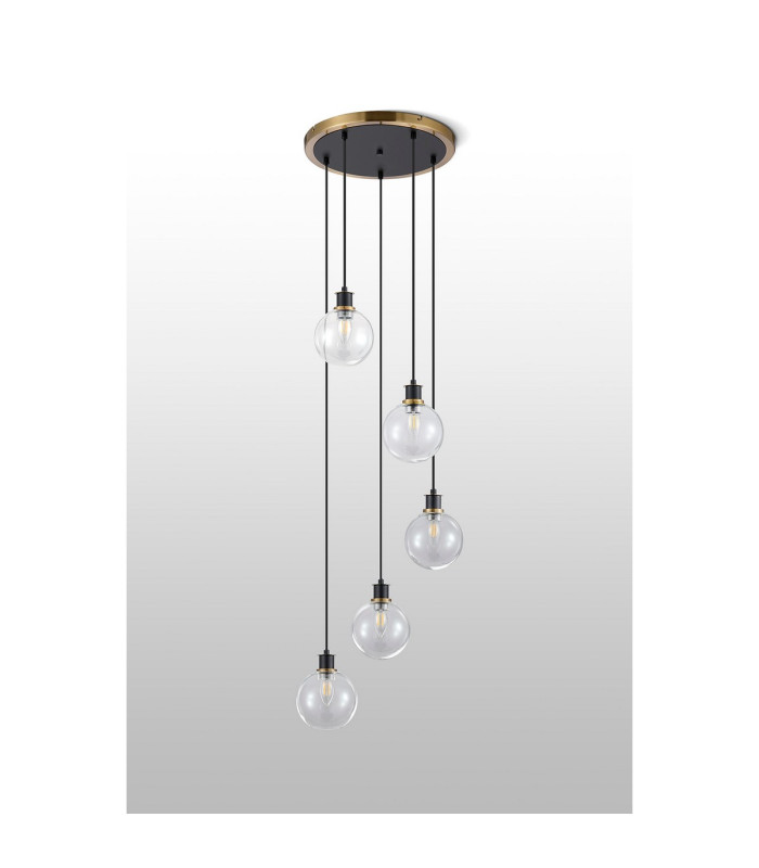 Placid 48cm Round Pendant 5 Light E14 15cm Round Glass Shade Brass Clear & Satin Black-8