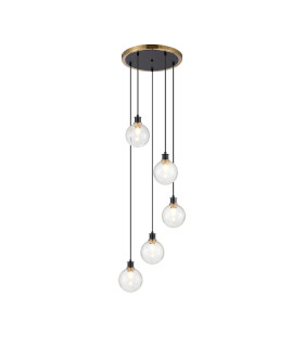Placid 48cm Round Pendant 5 Light E14 15cm Round Crackled Glass Shade Brass Clear & Satin Black-1
