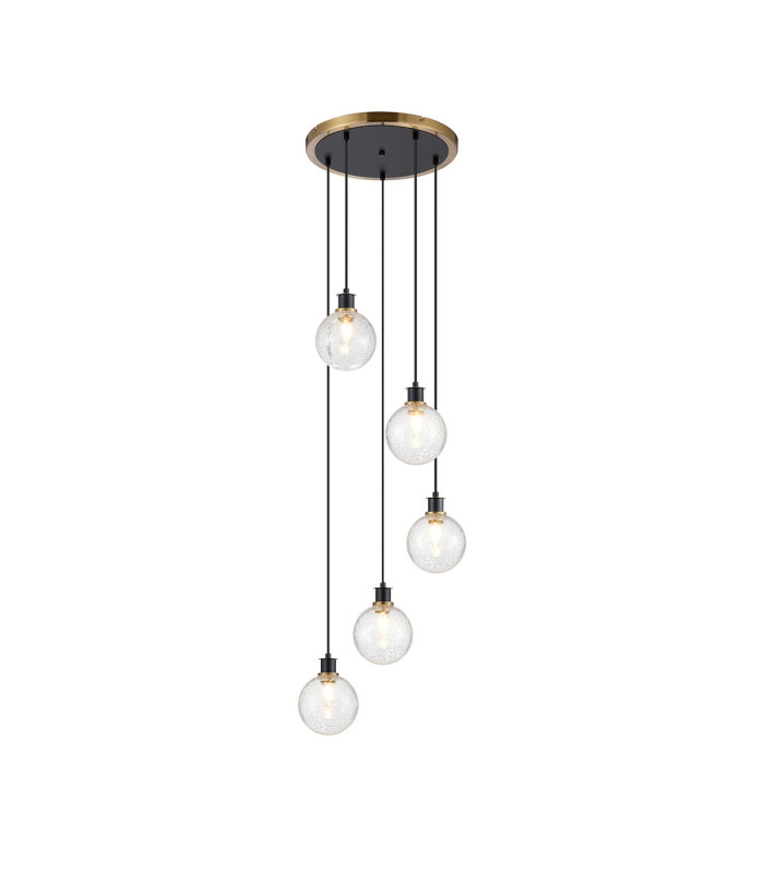 Placid 48cm Round Pendant 5 Light E14 15cm Round Crackled Glass Shade Brass Clear & Satin Black-1