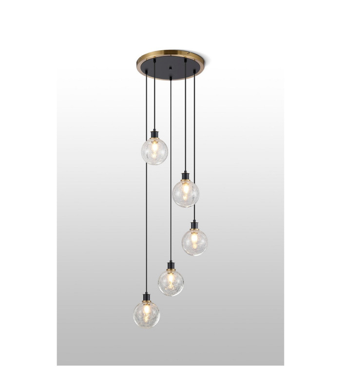 Placid 48cm Round Pendant 5 Light E14 15cm Round Crackled Glass Shade Brass Clear & Satin Black-3