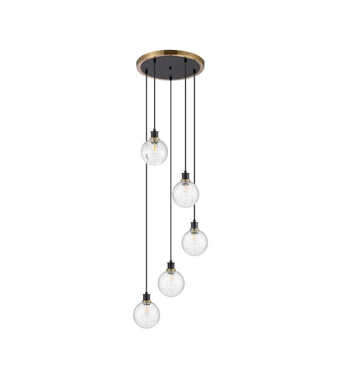 Placid 48cm Round Pendant 5 Light E14 15cm Round Crackled Glass Shade Brass Clear & Satin Black-4