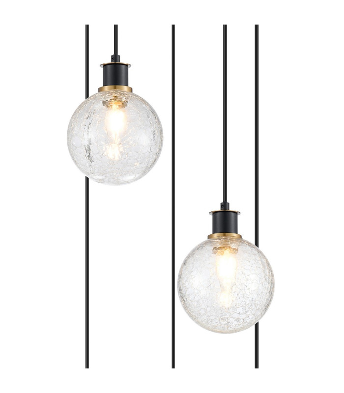 Placid 48cm Round Pendant 5 Light E14 15cm Round Crackled Glass Shade Brass Clear & Satin Black-6
