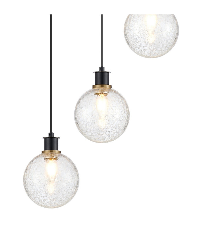 Placid 48cm Round Pendant 5 Light E14 15cm Round Crackled Glass Shade Brass Clear & Satin Black-7