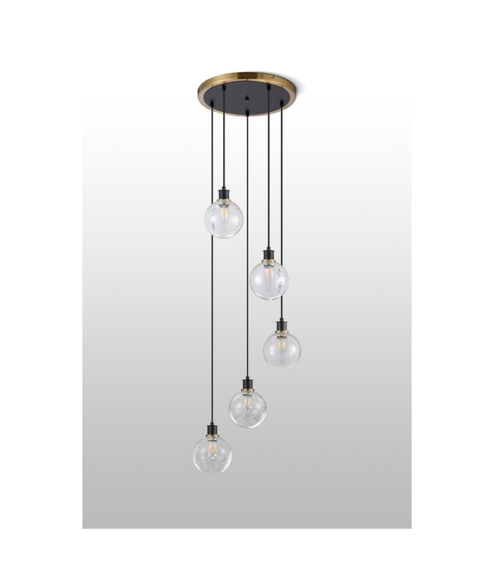 Placid 48cm Round Pendant 5 Light E14 15cm Round Crackled Glass Shade Brass Clear & Satin Black-8