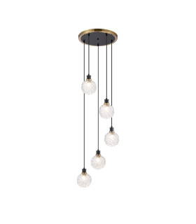 Placid 48cm Round Pendant 5 Light E14 15cm Round Textured Crumple Glass Shade Brass Clear & Satin Black-1
