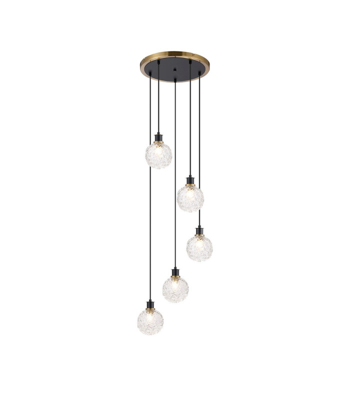 Placid 48cm Round Pendant 5 Light E14 15cm Round Textured Crumple Glass Shade Brass Clear & Satin Black-1