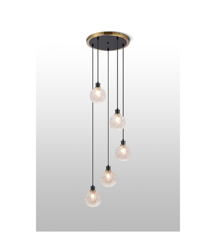 Placid 48cm Round Pendant 5 Light E14 15cm Round Textured Crumple Glass Shade Brass Clear & Satin Black-3
