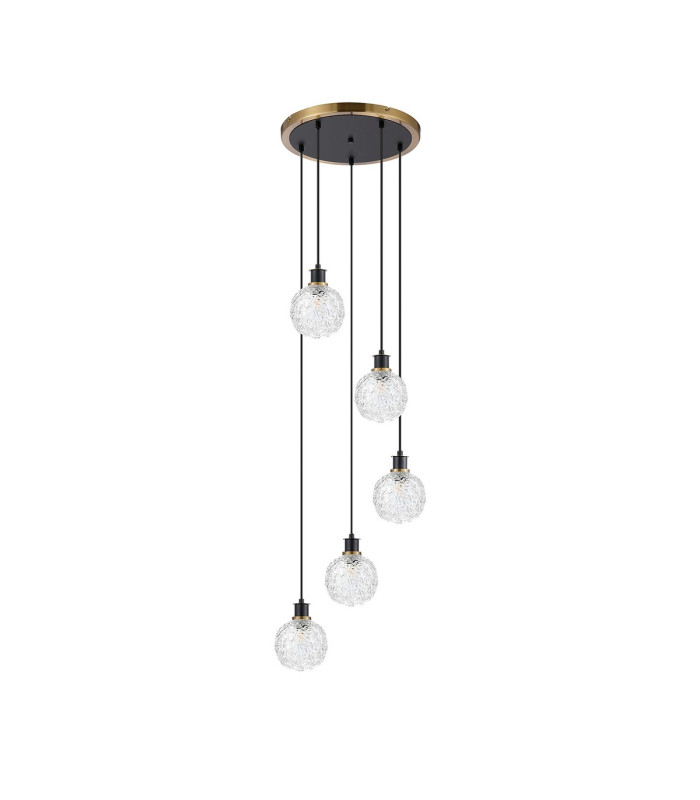 Placid 48cm Round Pendant 5 Light E14 15cm Round Textured Crumple Glass Shade Brass Clear & Satin Black-4